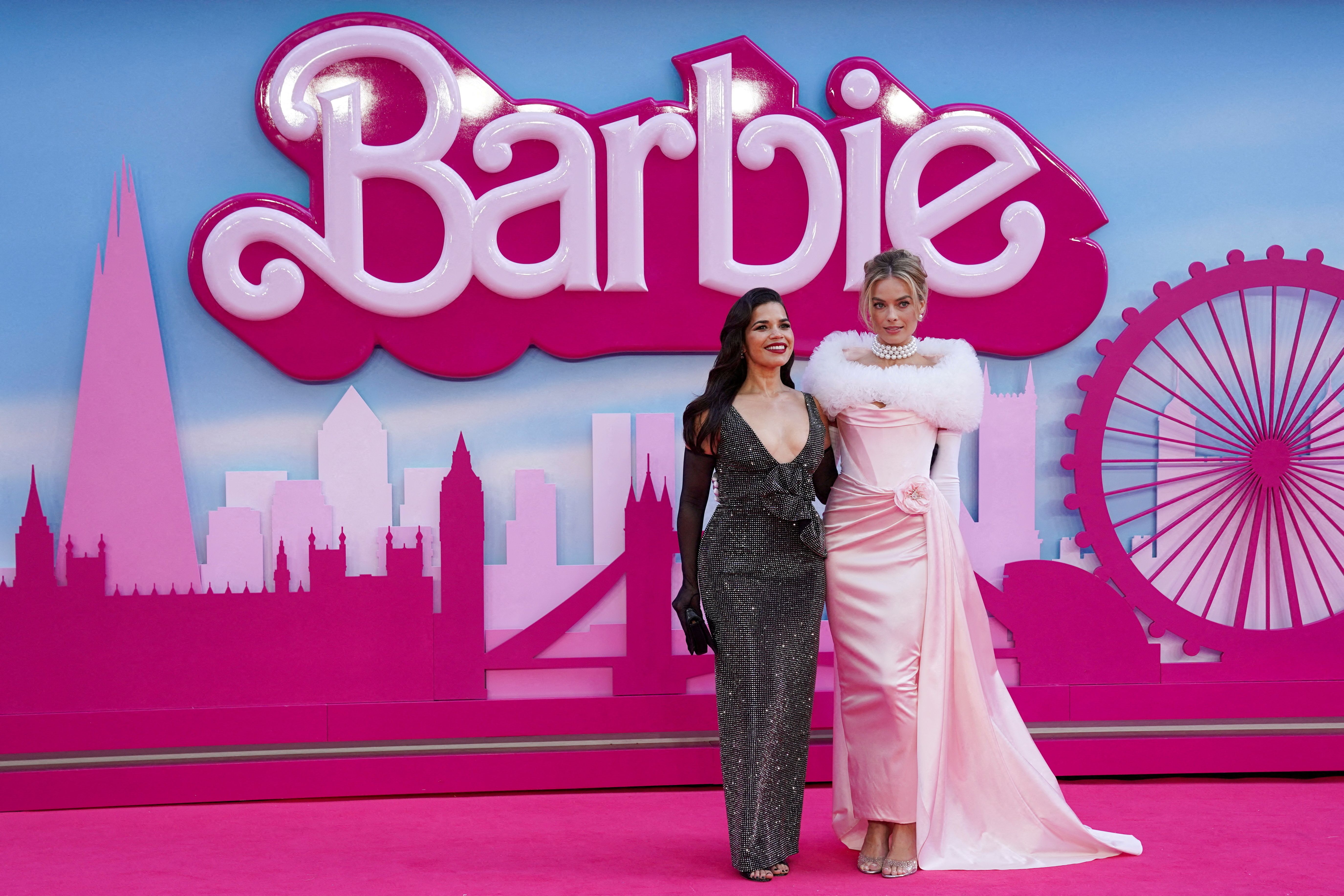 America Ferrera and Margot Robbie attend the European premiere of “Barbie” in London, Britain July 12, 2023.