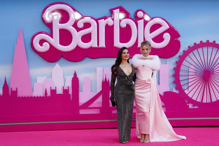 America Ferrera and Margot Robbie attend the European premiere of “Barbie” in London, Britain July 12, 2023.