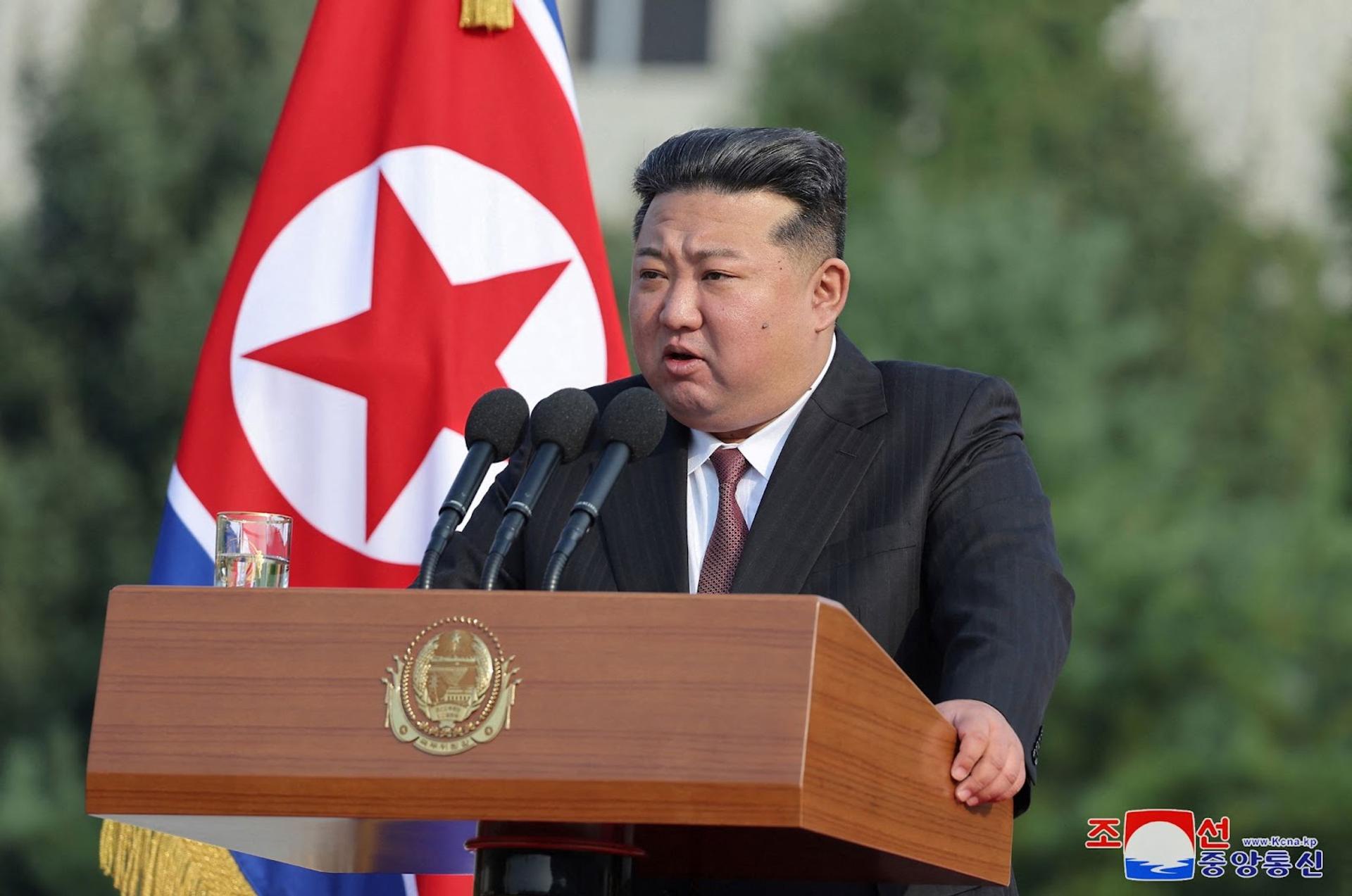 North Korean leader Kim Jong Un speaks during a visit to the National Defense University in Pyongyang, North Korea.