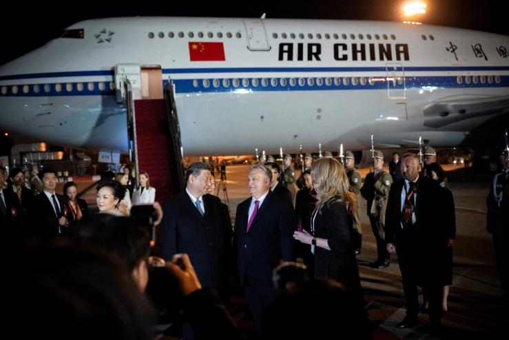 Hungarian Prime Minister Viktor Orban welcomes Chinese President Xi Jinping at the Ferenc Liszt International Airport in Budapest, Hungary, May 8, 2024. PM Office/Vivien Cher Benko/Handout via REUTERS