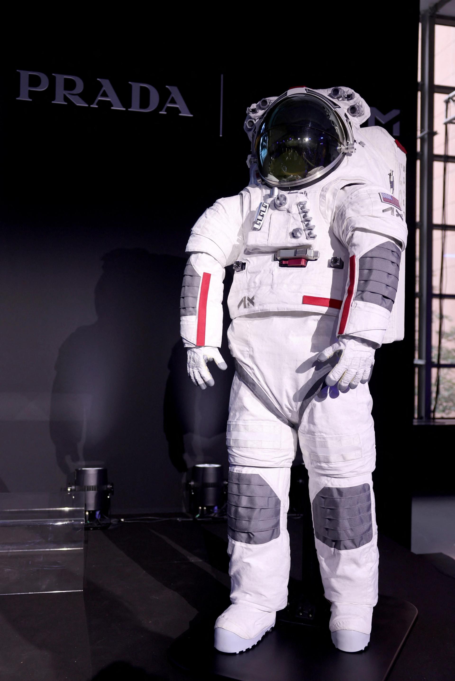 Prada and Axiom Space present the spacesuit (Axiom Extravehicular Mobility Unit) designed and developed for the Artemis III lunar mission, in Milan, Italy, October 16, 2024.