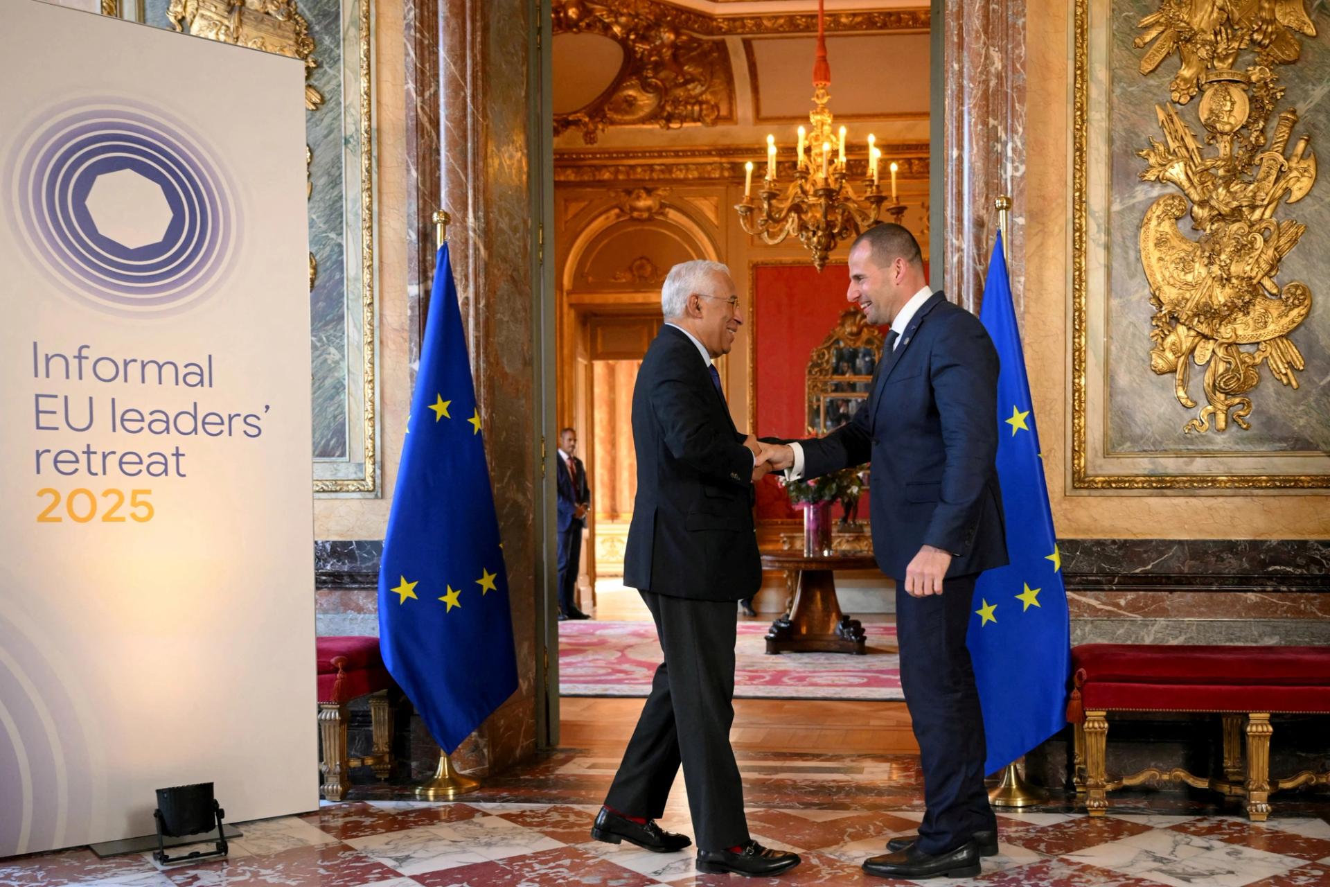 European Council President Antonio Costa greets Malta’s Prime Minister Robert Abela at an informal leaders’ retreat in Brussels