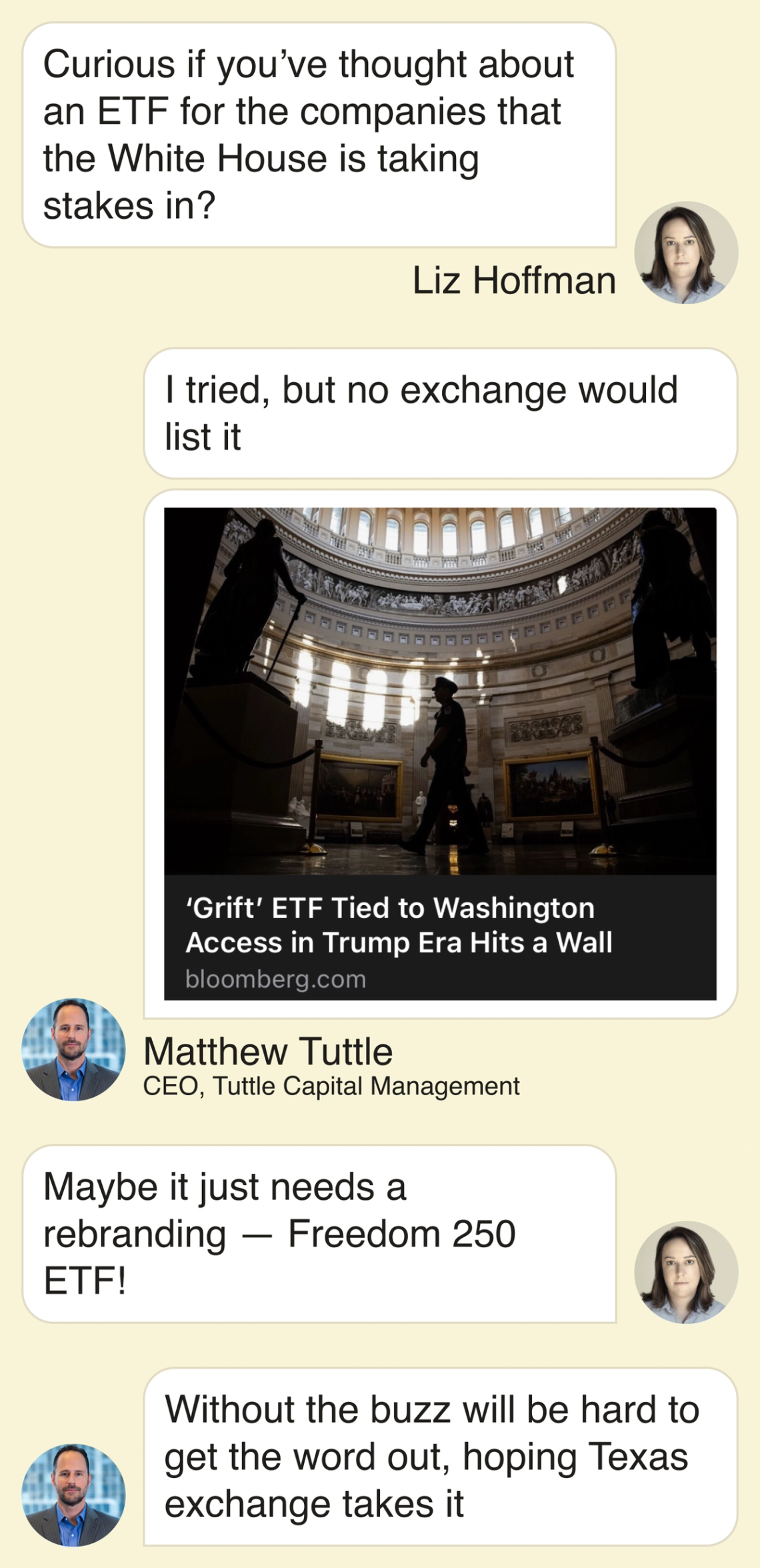 Liz: Curious if you’ve thought about an ETF for the companies that the White House is taking stakes in? Matthew: I tried, but no exchange would list it. Liz: Maybe it just needs a rebranding — Freedom 250 ETF! Matthew: Without the buzz will be hard to get the word out, hoping Texas exchange takes it