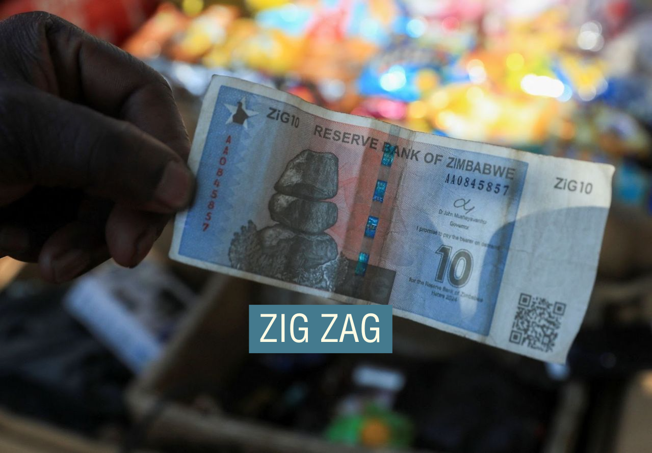A vendor shows a ten Zimbabwe gold-backed (ZiG) note along a street in Harare, Zimbabwe, July 17, 2024. 