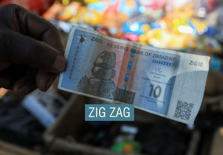 A vendor shows a ten Zimbabwe gold-backed (ZiG) note along a street in Harare, Zimbabwe, July 17, 2024.
