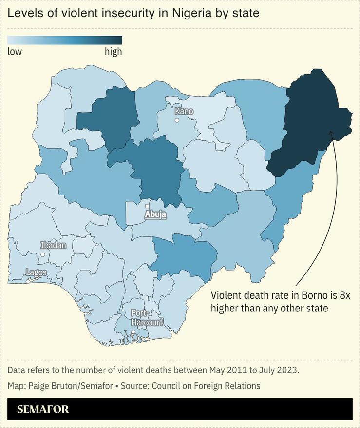 A map showing the levels of violent insecurity in Nigeria by state.