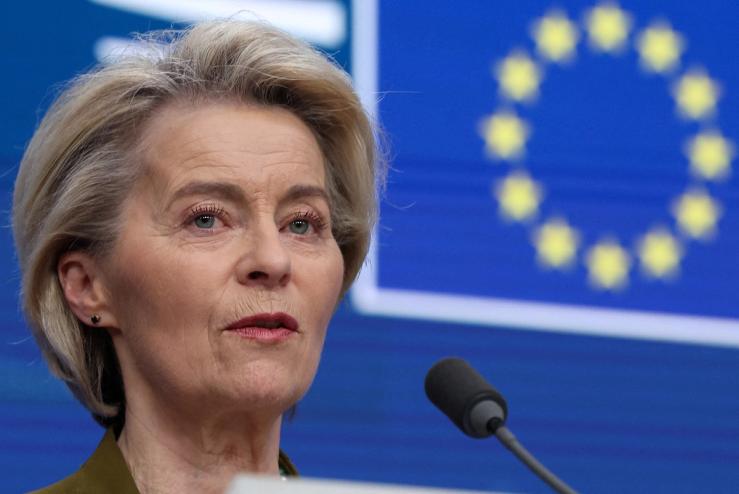 European Commission President Ursula Von der Leyen looks on during a press conference with European Council President Antonio Costa (not pictured), on the day of a European Union summit in Brussels, Belgium March 20, 2025.