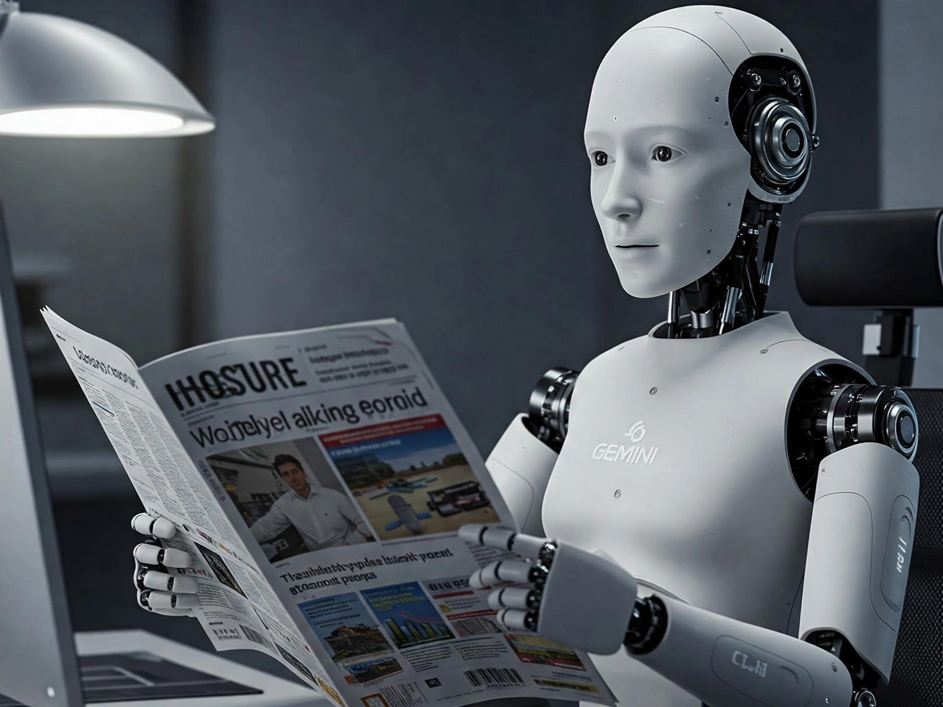An AI-generated image of a robot reading a newspaper