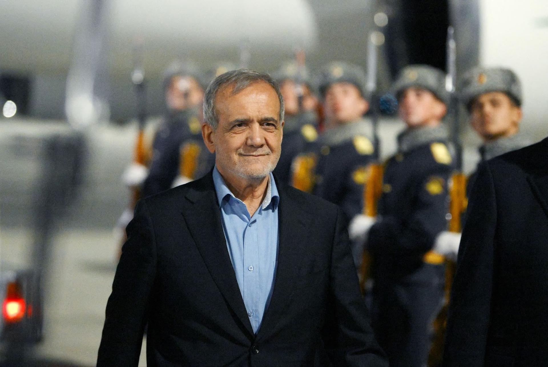 Iranian President Masoud Pezeshkian arrives for the BRICS Summit in Kazan.