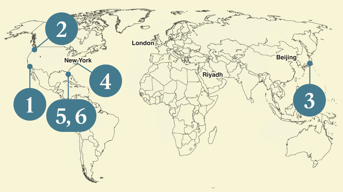 A numbered map of the world.
