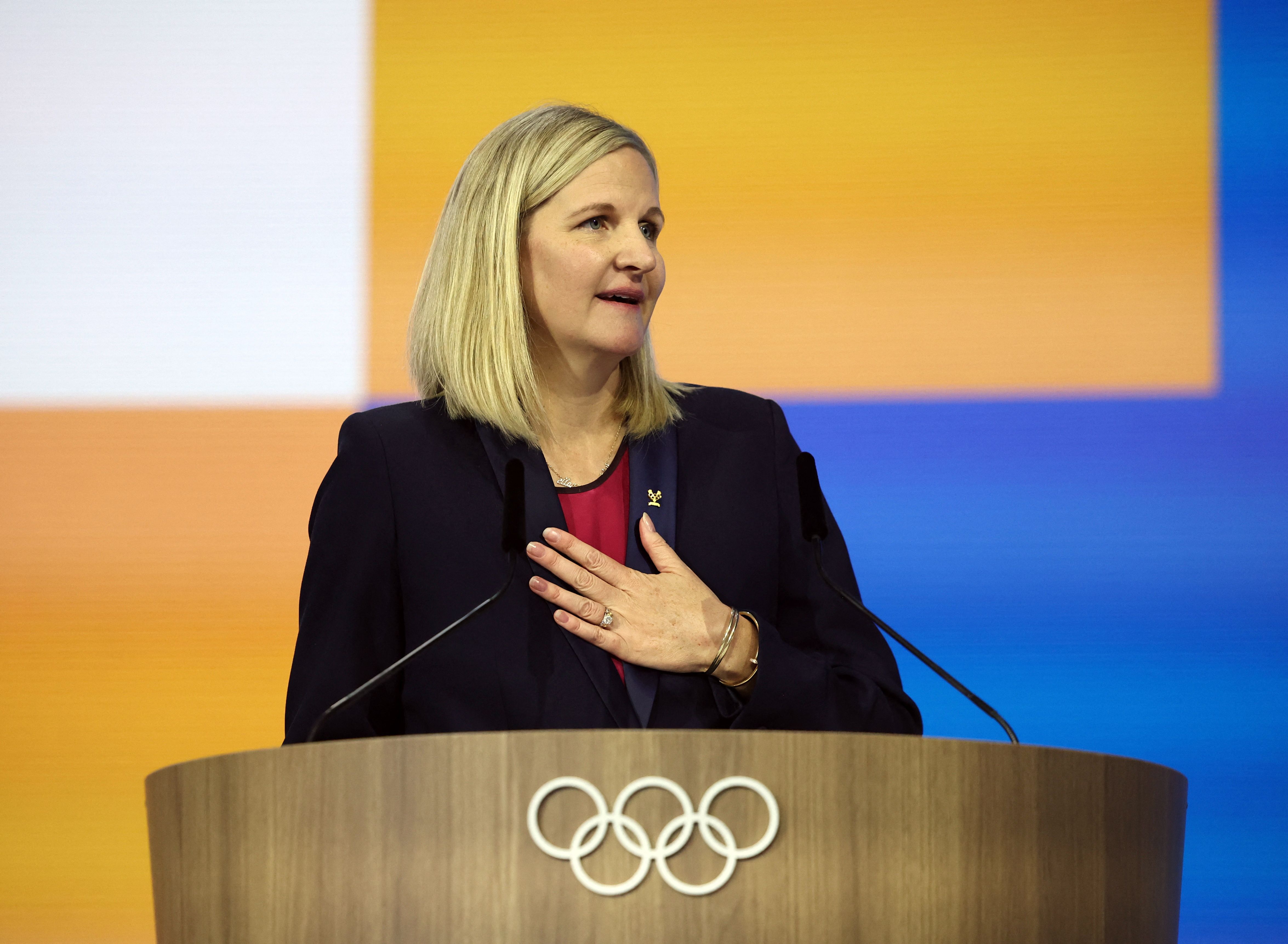 Kirsty Coventry at the podium after being elected the new president of the International Olympic Committee.