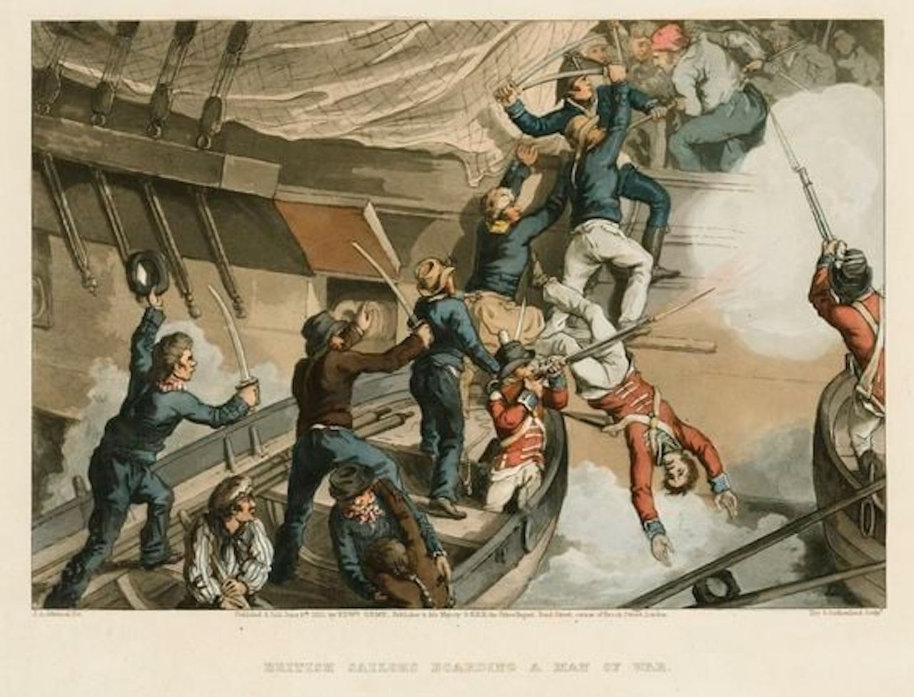 An old colored illustration of sailers fighting on a ship.
