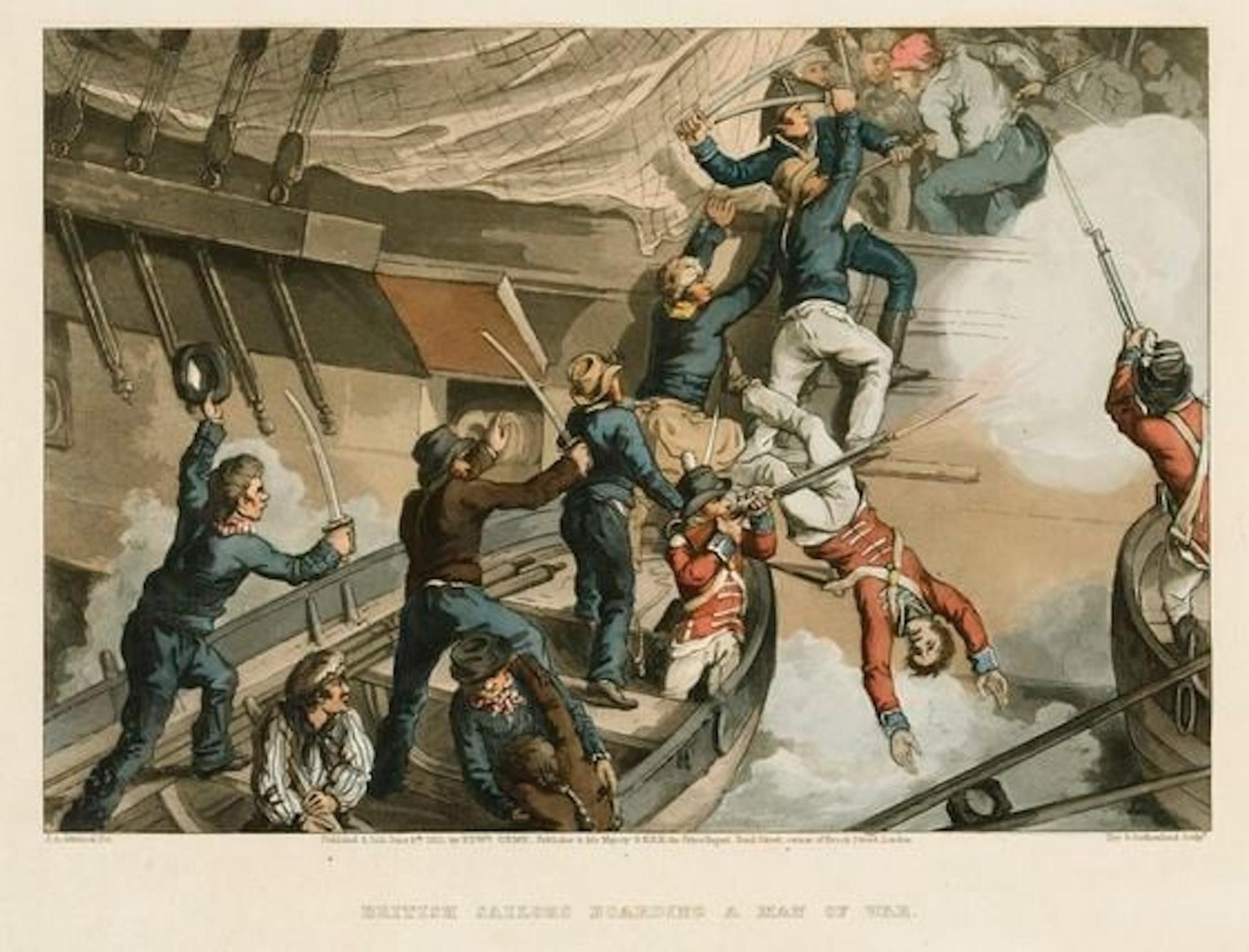 An old colored illustration of sailers fighting on a ship.