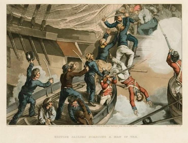 An old colored illustration of sailers fighting on a ship.