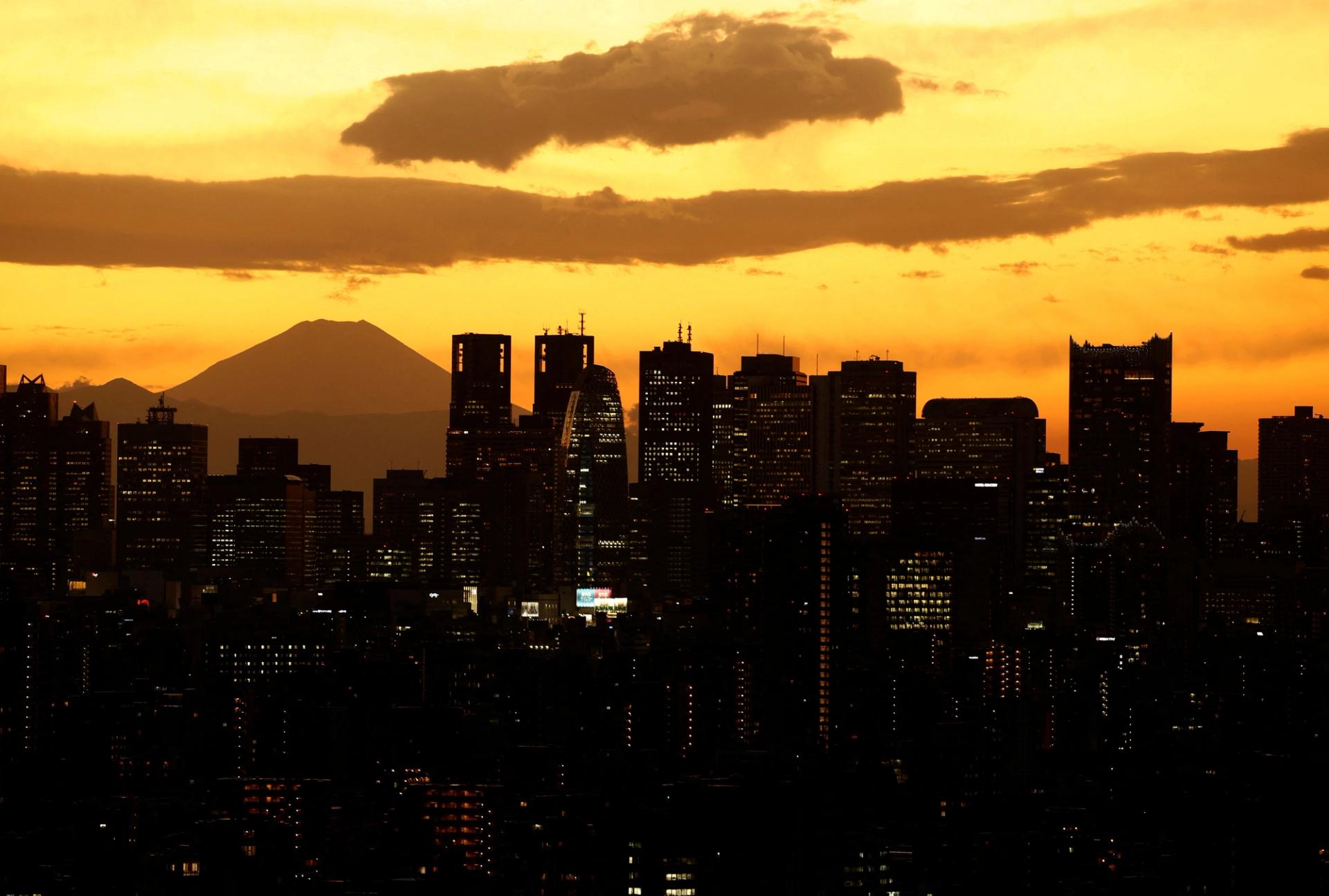 Tokyo skyline at sunset.