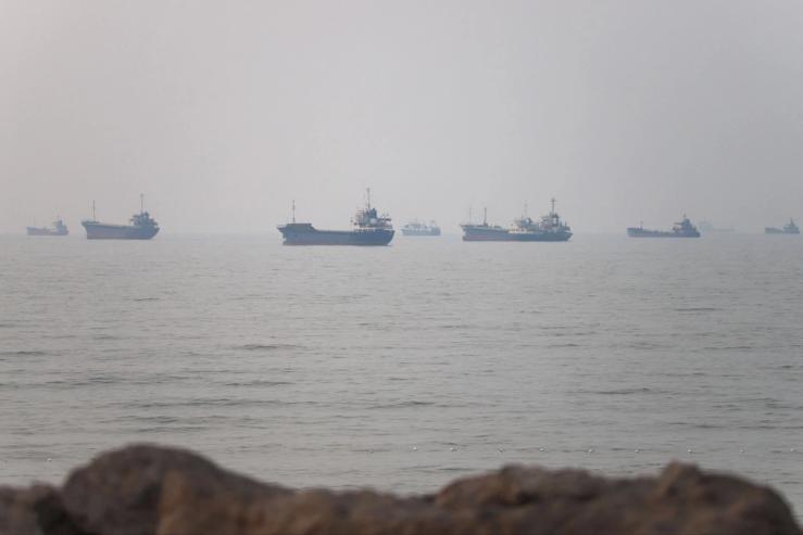 Vessels in the Strait of Hormuz near the beach of Bandar Abbas, Iran.