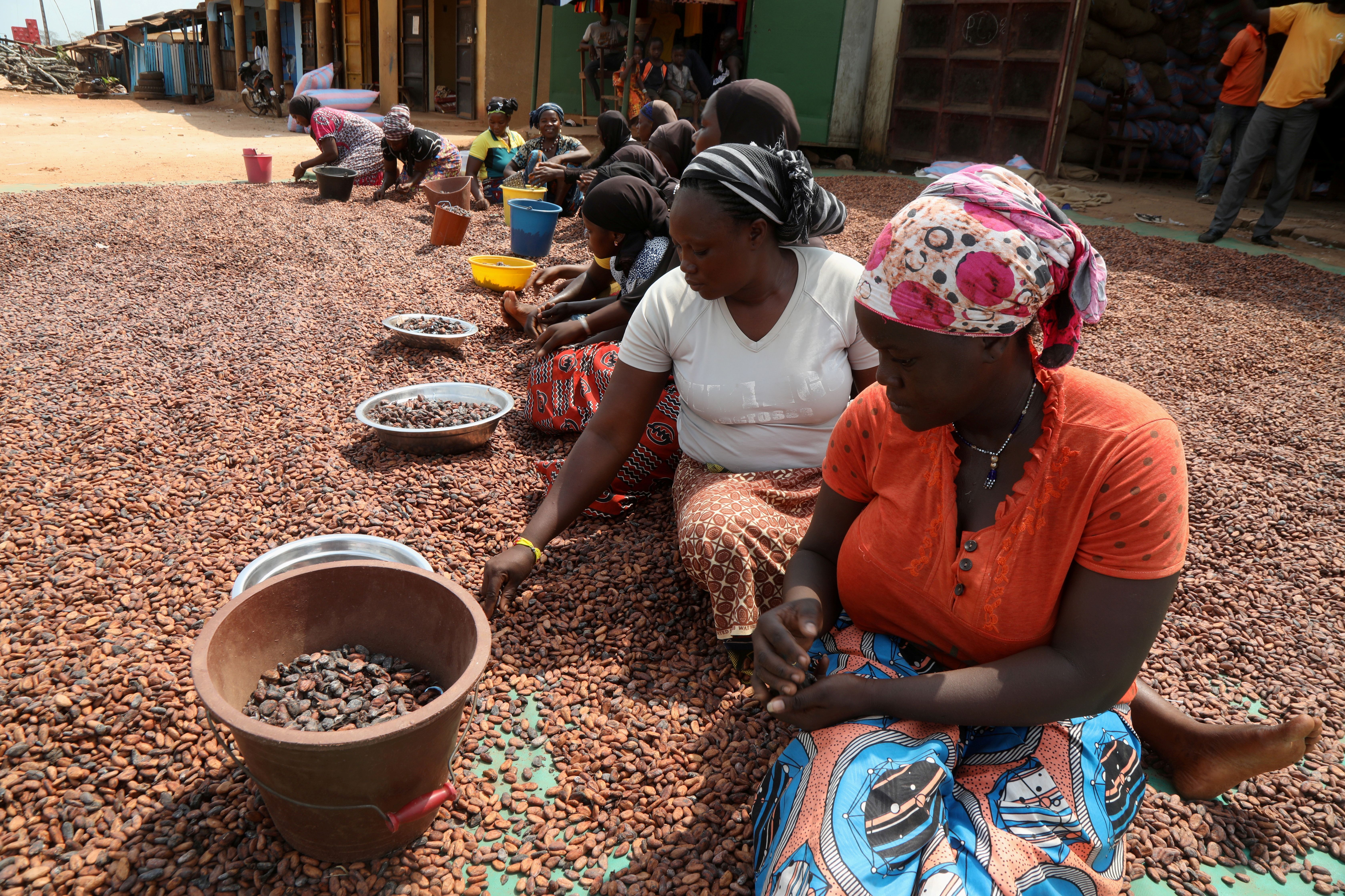 Women prepare cocoa beans next to a warehouse in Soubre.