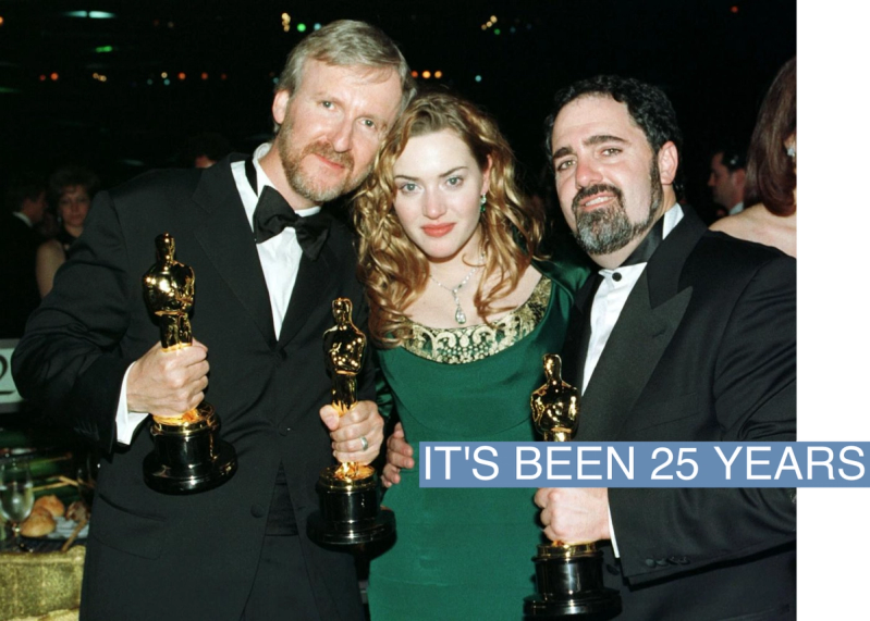 Titanic director James Cameron, actress Kate Winslet and Titanic producer Jon Landau pose for pictures with their Oscars at the Governor’s Ball following the 70th annual Academy Awards at the Shrine Auditorium in Los Angeles March 23, 1998.