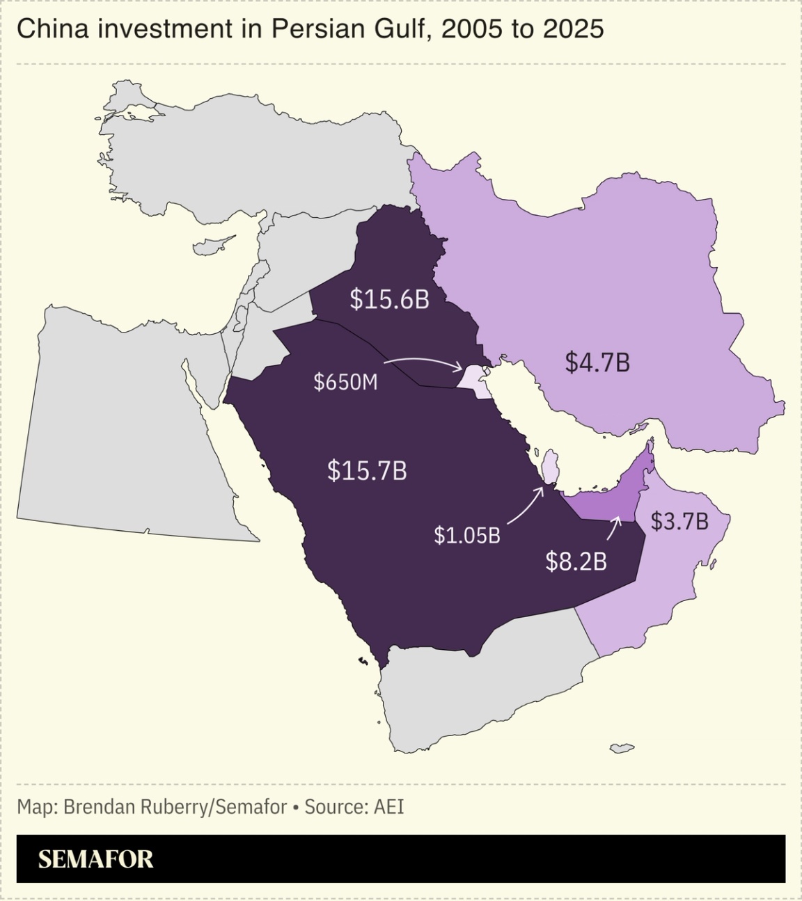 Map of China investment in Persian Gulf from 2005 to 2025