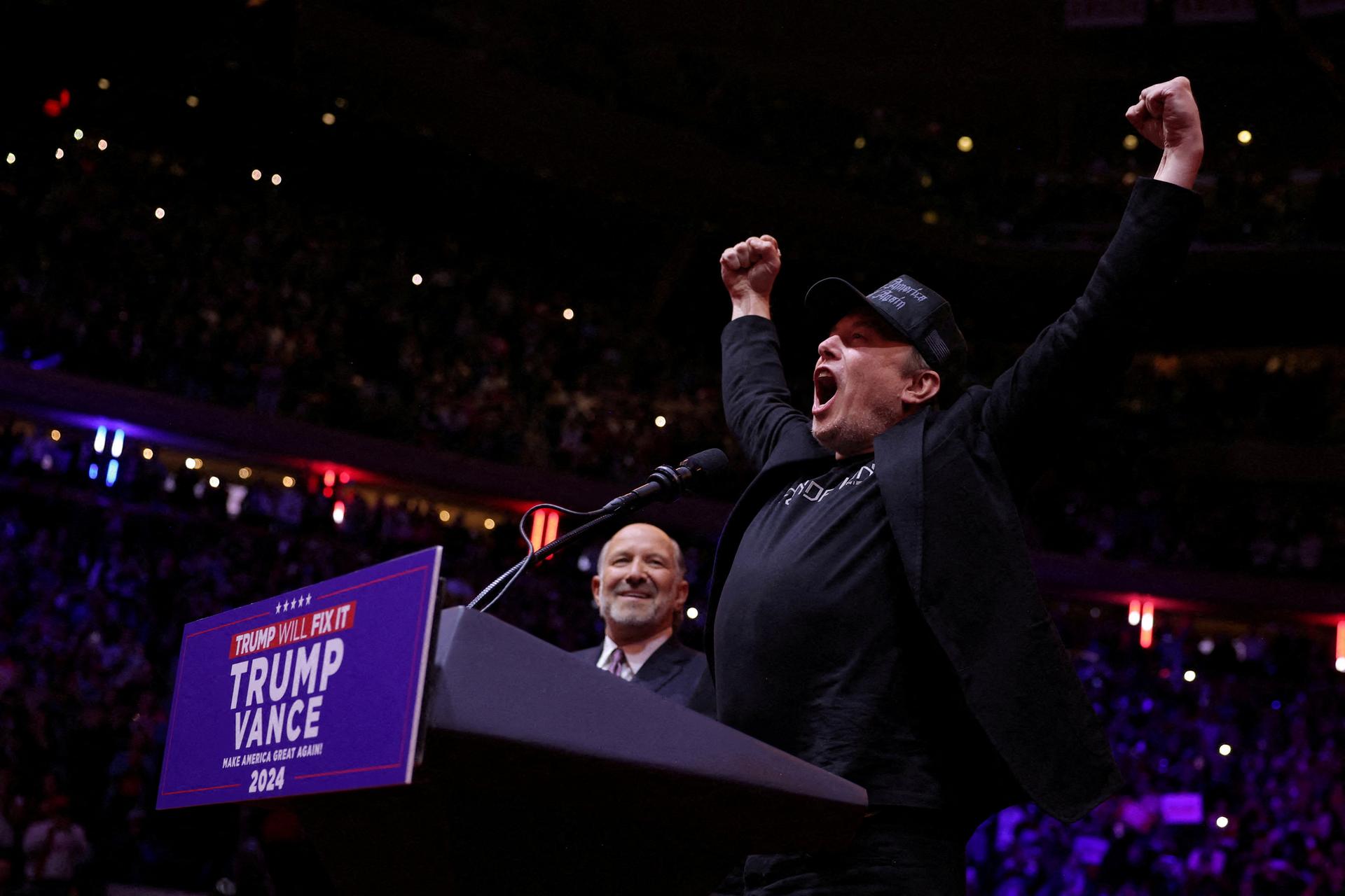 Elon Musk speaking at a rally for Donald Trump at Madison Square Garden in New York