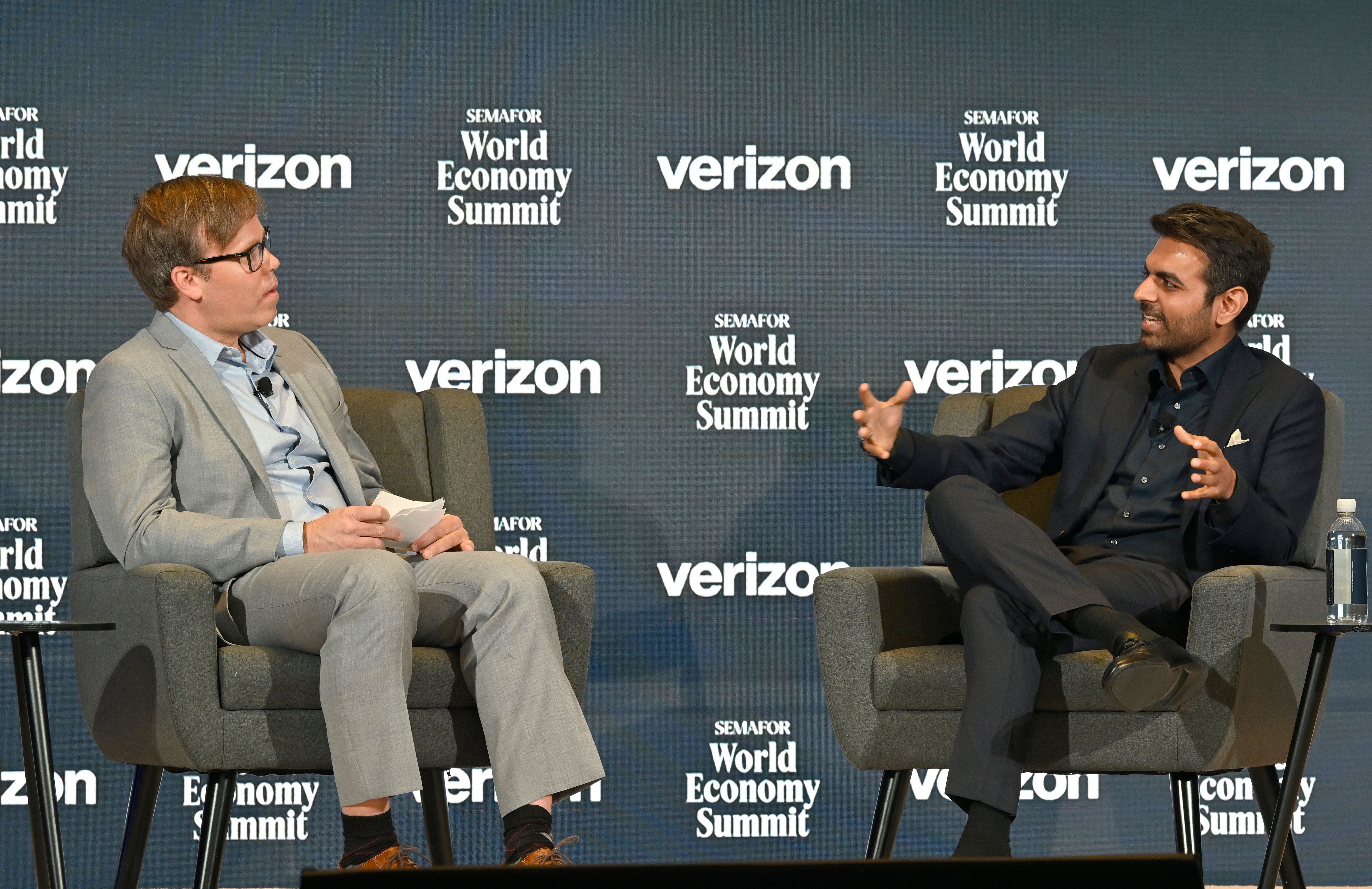 L-R) Reed Albergotti, Technology Editor, Semafor and Anjney Midha, General Partner, Andreessen Horowitz speak on stage during The Semafor 2025 World Economy Summit.