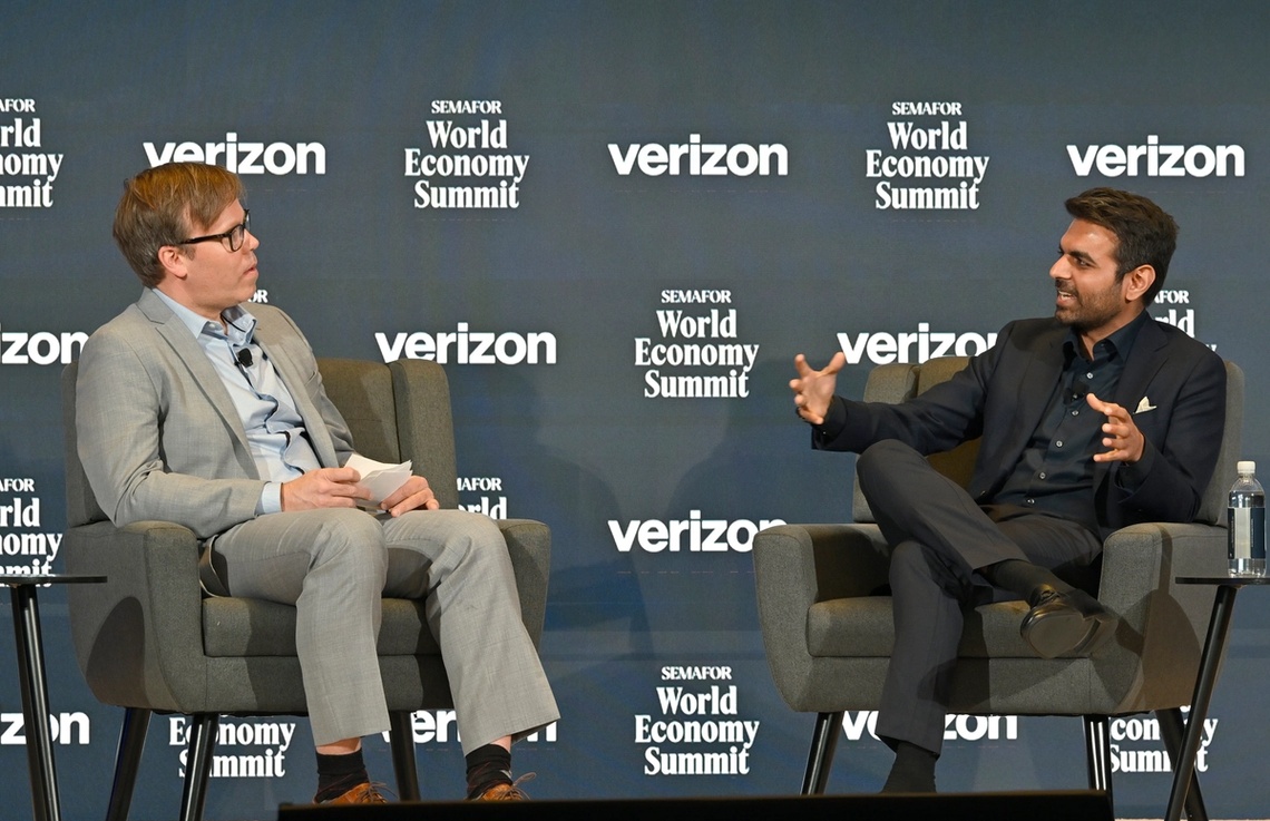 L-R) Reed Albergotti, Technology Editor, Semafor and Anjney Midha, General Partner, Andreessen Horowitz speak on stage during The Semafor 2025 World Economy Summit.