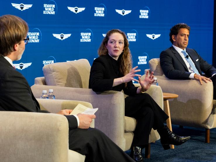 Ariel Ekblaw, Aurelia Institute CEO, and Omeed Malik, founder and president of 1789 Capital and an investor in SpaceX, at Semafor World Economy 2026.