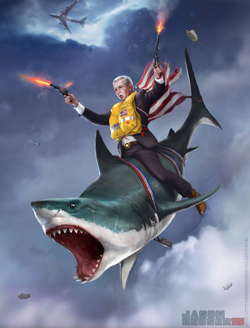 George W. Busk rides a shark in the skies while armed with guns.