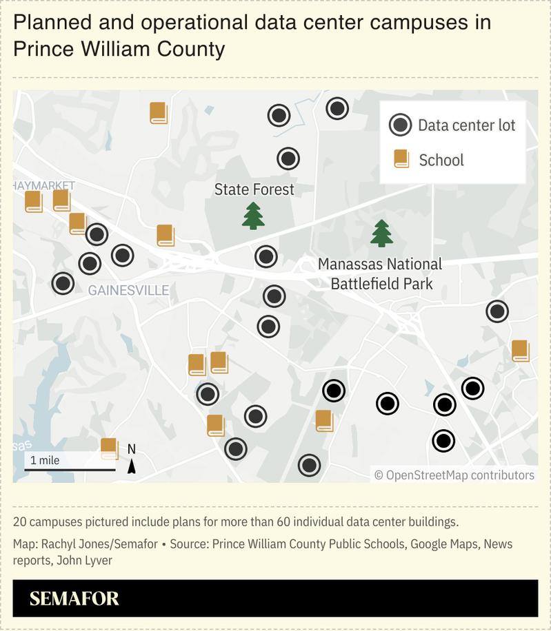 A map showing planned and operational data center campuses in Prince William County, Va.