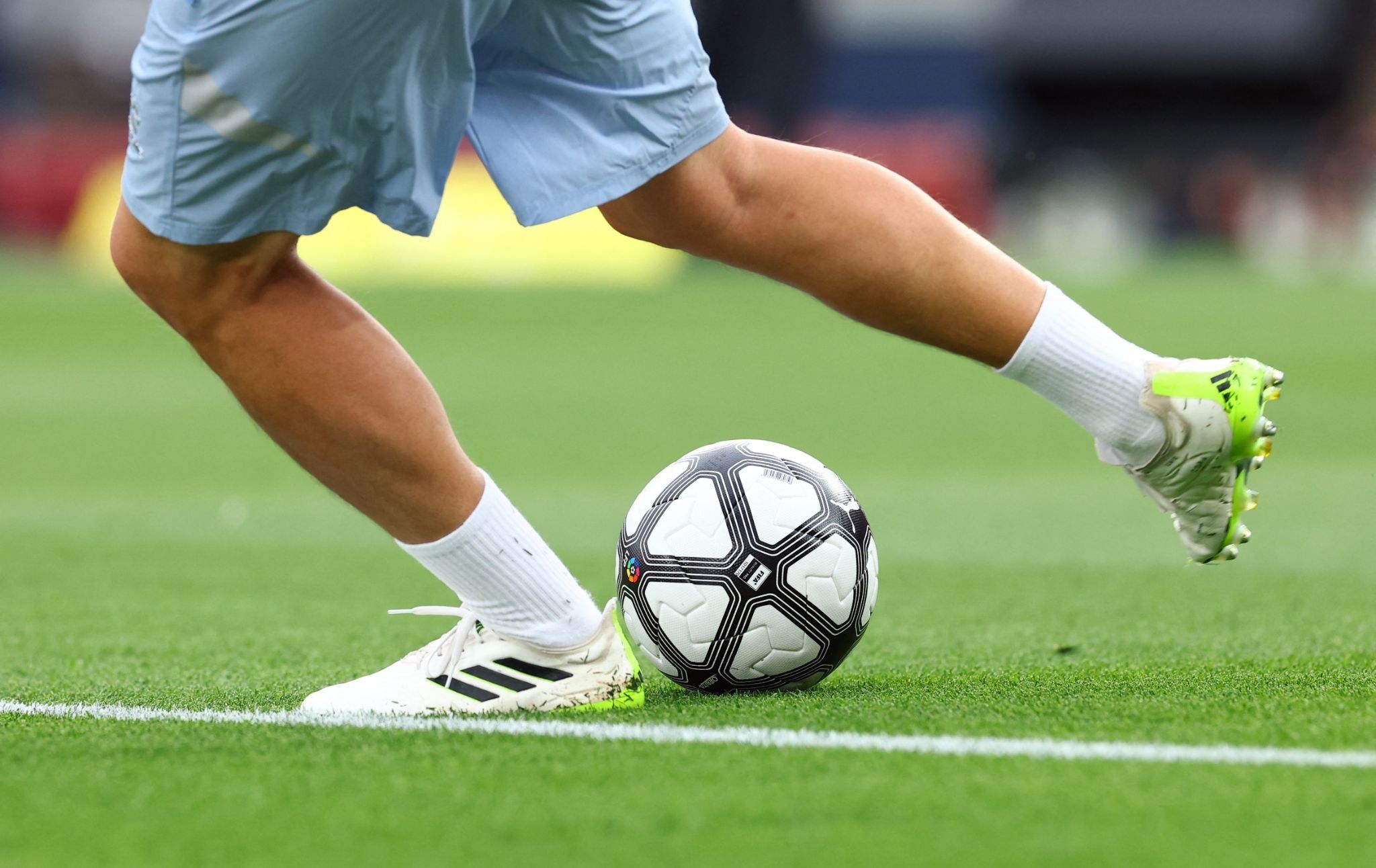 General view of the vintage style match ball during the warm up before the match as part of La Liga’s retro matchday