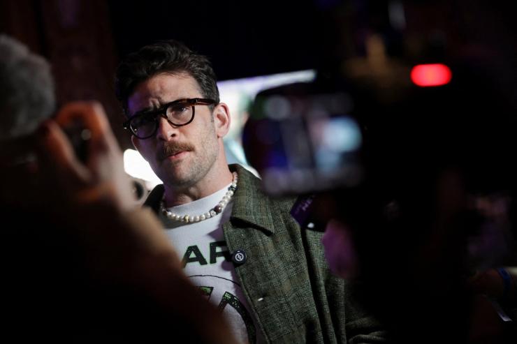 Hasan Piker speaking to reporters in in New York.