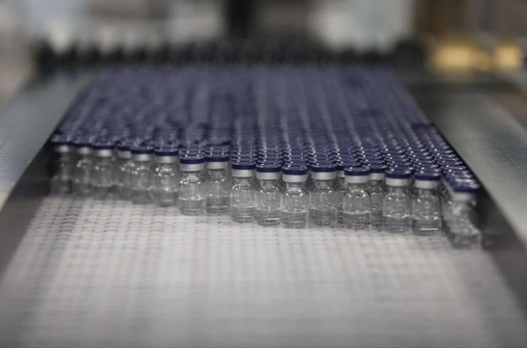 Drug vials at a production facility.