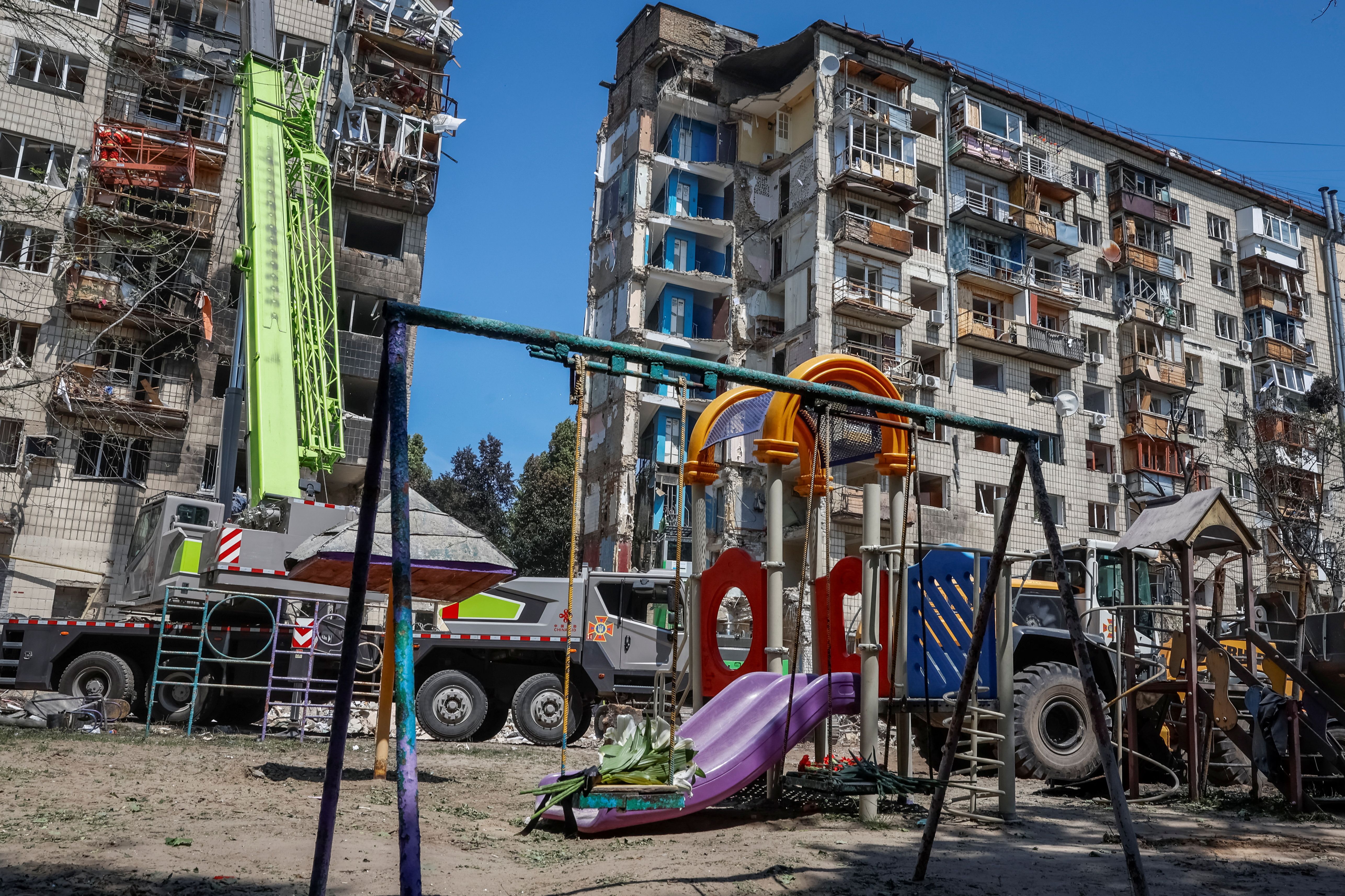 An apartment building damaged during Russian drone and missile strikes this month.