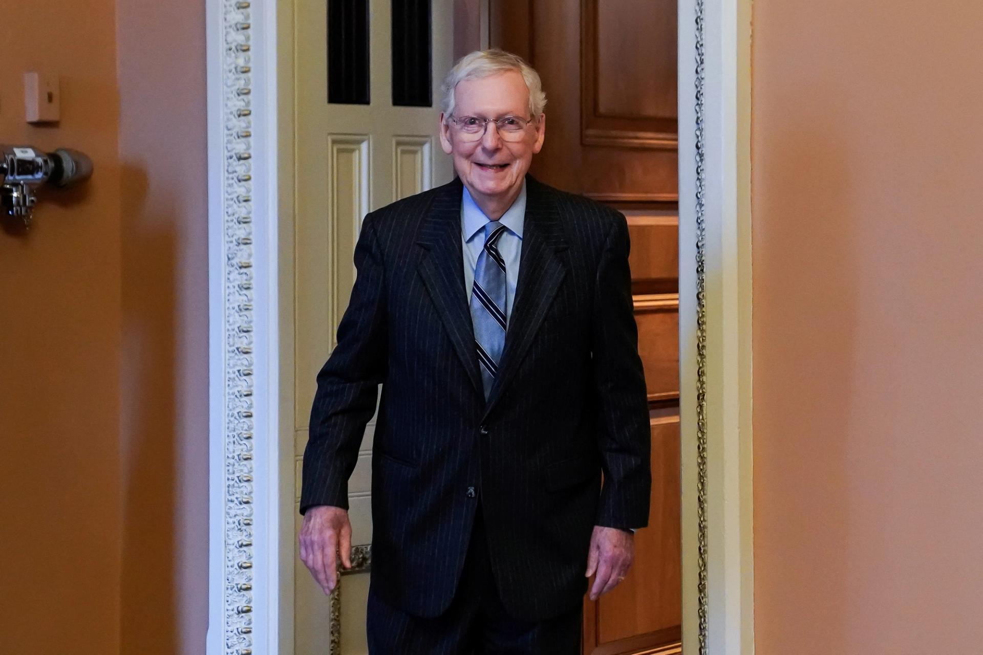 U.S. Senate Minority Leader Mitch McConnell (R-KY) returns to his office after announcing earlier in the day that he will step down this year from his leadership role, at the U.S. Capitol in Washington, U.S., February 28, 2024.