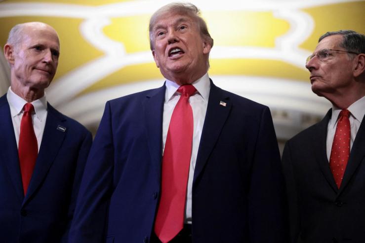 Sen. Rick Scott, R-Fla.; President Donald Trump; Sen. John Barrasso, R-Wyo.
