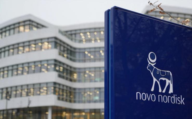 The logo of pharmaceutical company Novo Nordisk is displayed in front of its offices in Bagsvaerd.