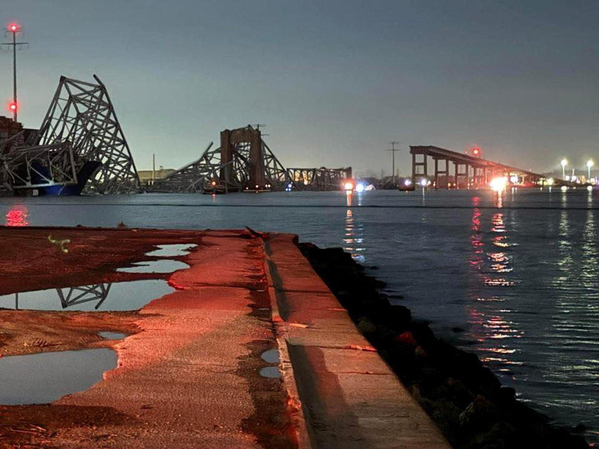 A view of the Francis Scott Key Bridge after it collapsed in Baltimore