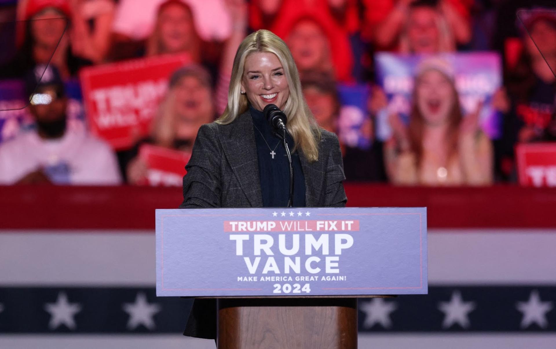 Former Florida Attorney General Pam Bondi speaks during a Trump rally in Greensboro, North Carolina. 