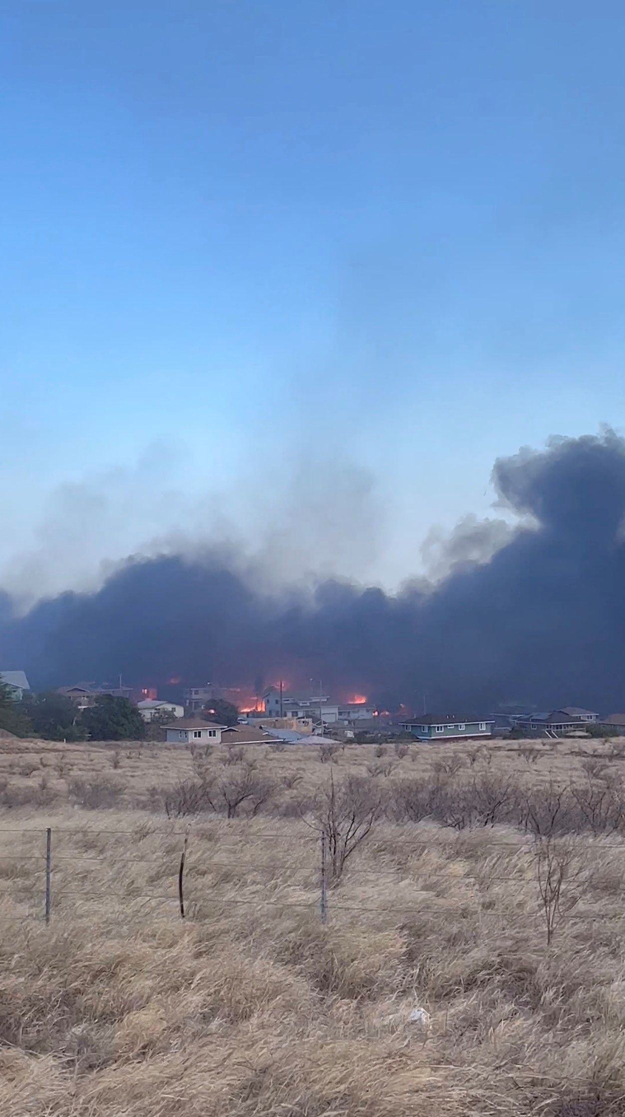 A wildfire is seen in Maui, Hawaii, U.S., August 8, 2023 in this screen grab obtained from a social media video. Courtesy of Dominika Durisova/via REUTERS