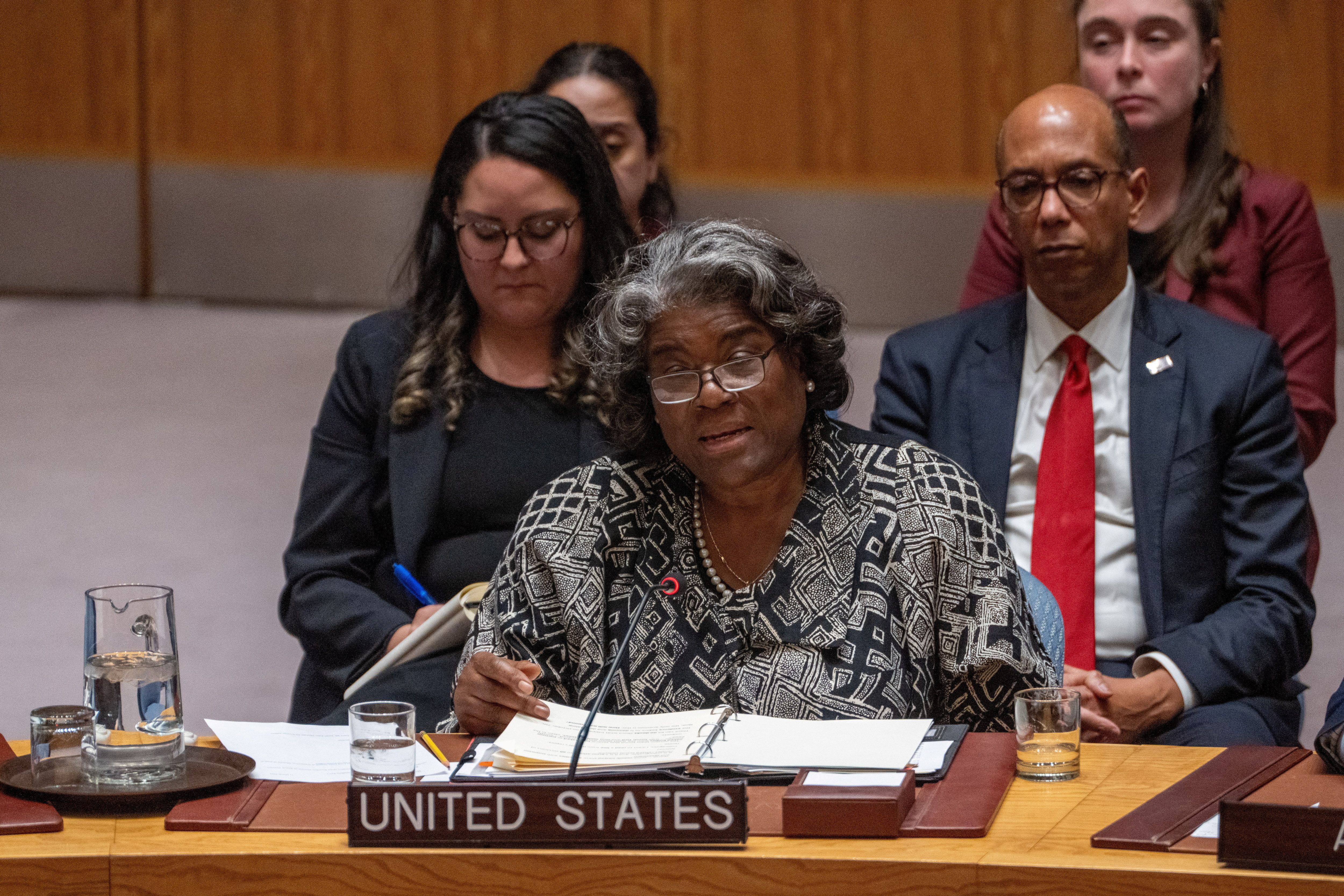 U.S. Ambassador to the United Nations Linda Thomas-Greenfield speaks during a meeting of the United Nations Security Council on the conflict between Israel and the Palestinian Islamist group Hamas, at U.N. headquarters in New York, U.S., March 11, 2024. REUTERS/David ‘Dee’ Delgado