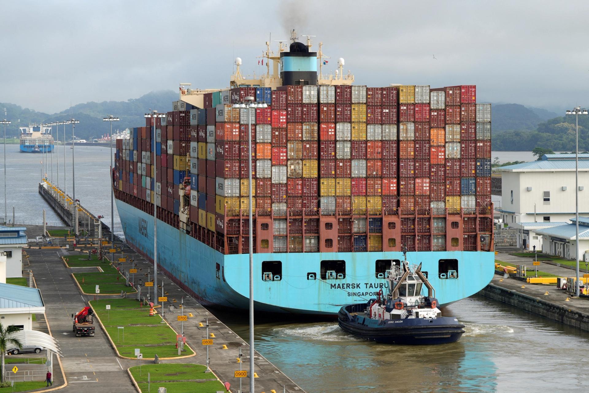 A container ship transits the Panama canal.