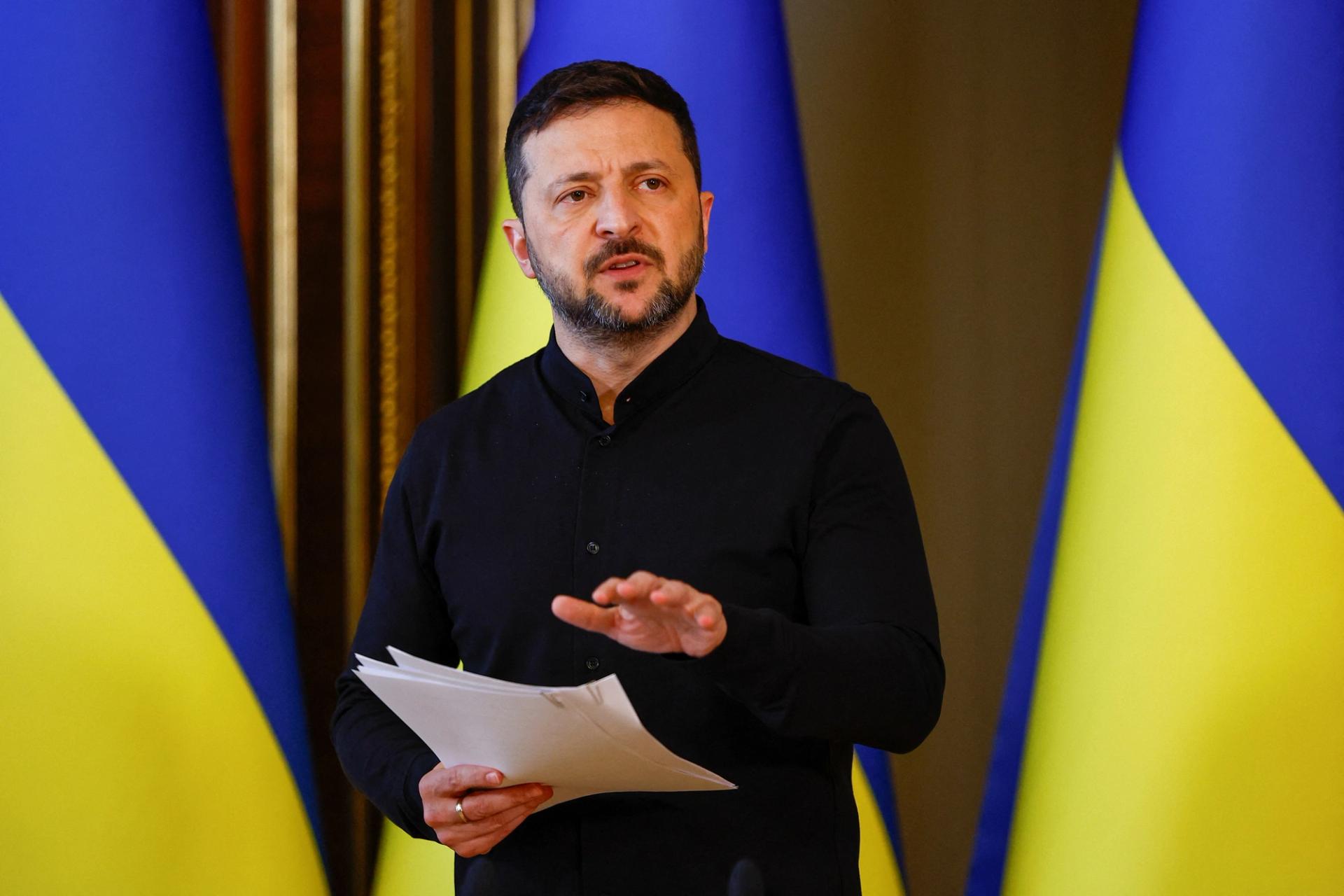 Ukraine’s President Volodymyr Zelenskiy speaks to the media during a press conference.