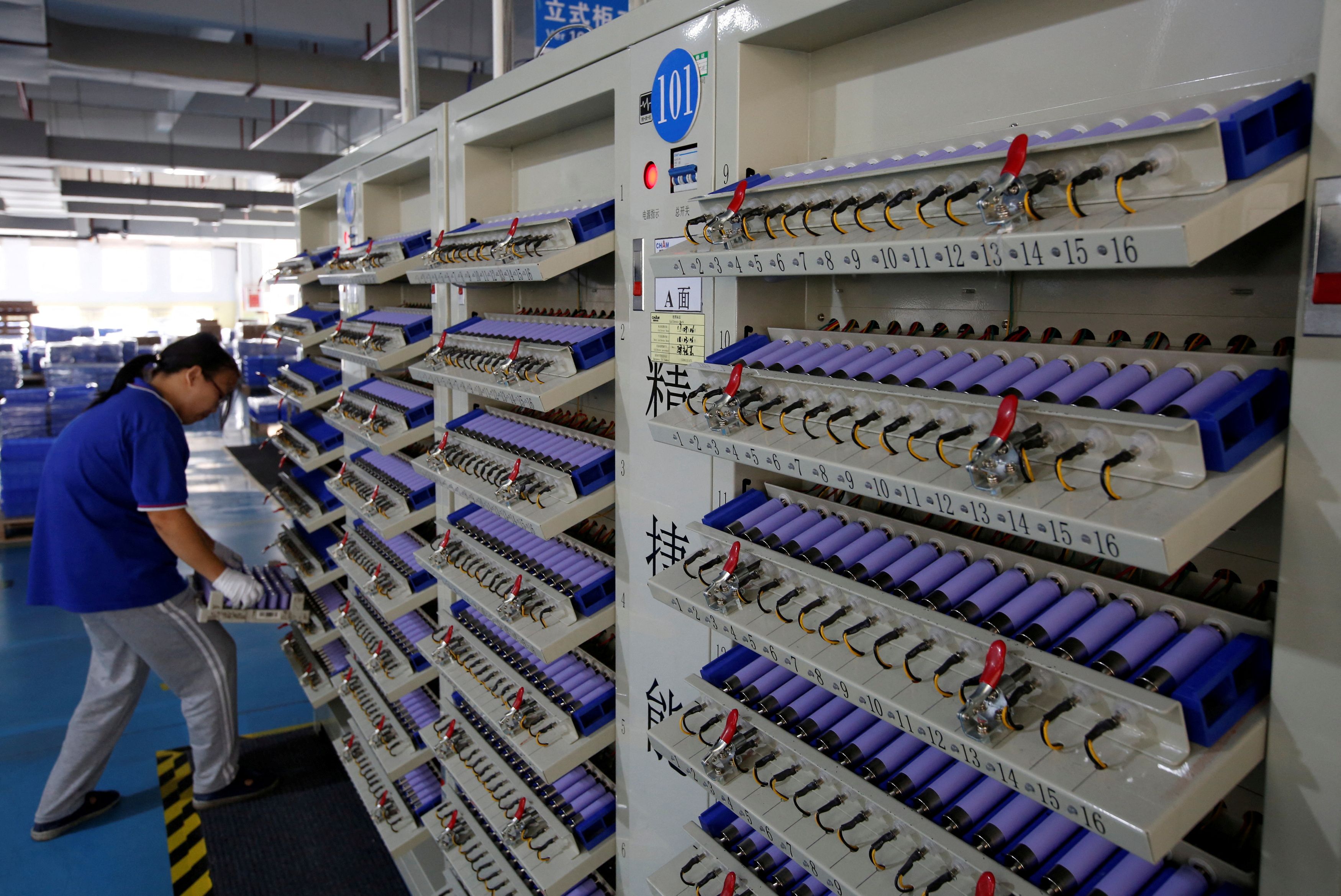 Batteries for electric vehicles are manufactured at a factory in Dongguan.