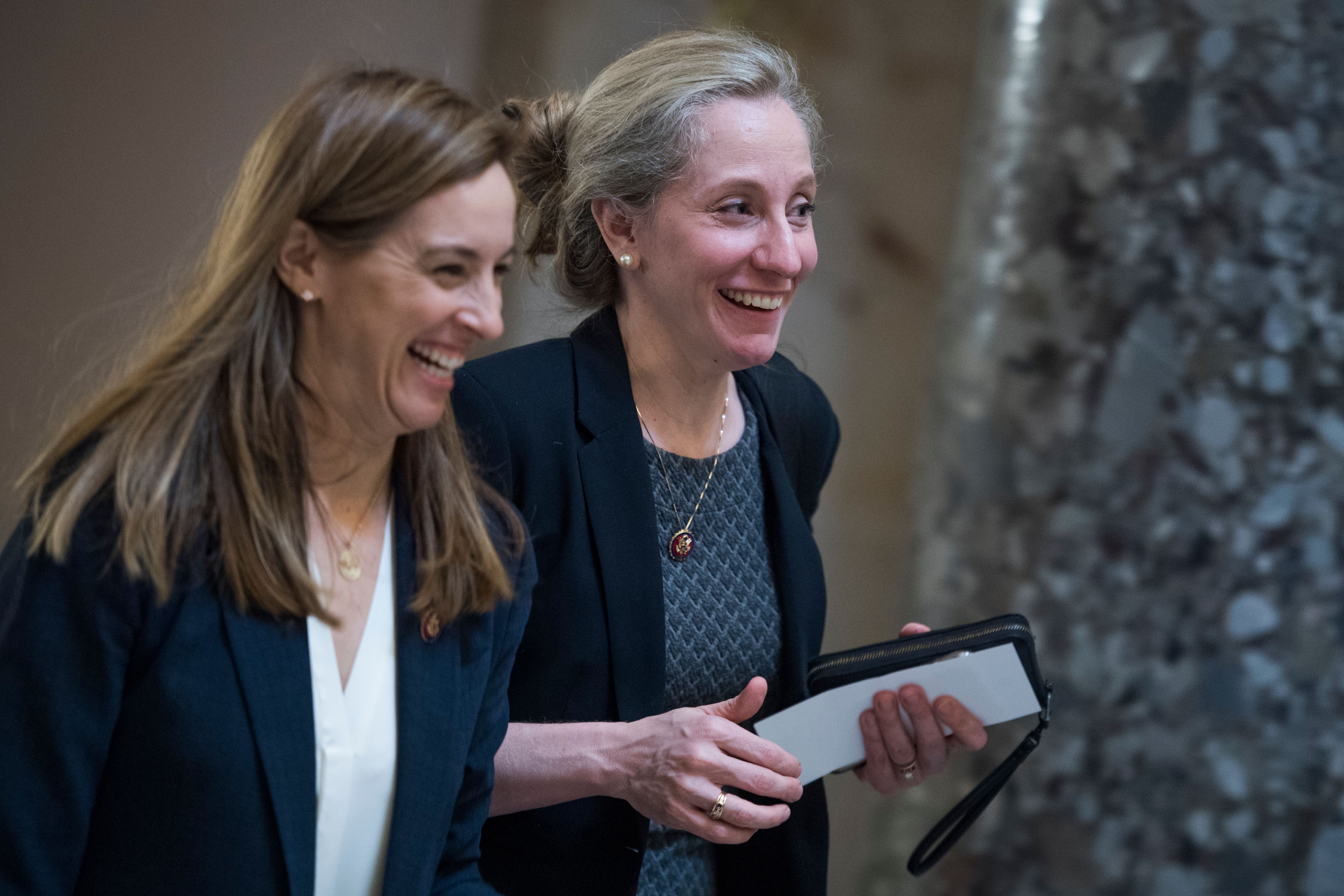Reps. Abigail Spanberger, D-Va., right, and Mikie Sherrill, D-N.J., are seen in the Capitol’s Statuary Hall on Wednesday, January 23, 2019.
