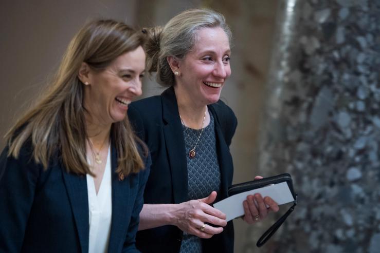 Reps. Abigail Spanberger, D-Va., right, and Mikie Sherrill, D-N.J., are seen in the Capitol’s Statuary Hall on Wednesday, January 23, 2019.