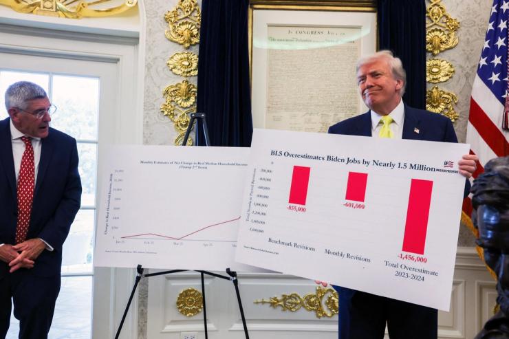 President Donald Trump holds a board sourced from Bureau of Labour Statistics