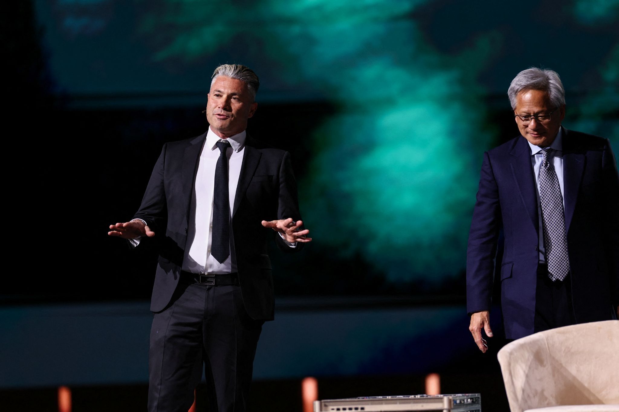 Humain CEO Tareq Amin and Nvidia CEO Jensen Huang at the Saudi-US Investment Forum in Riyadh. 
