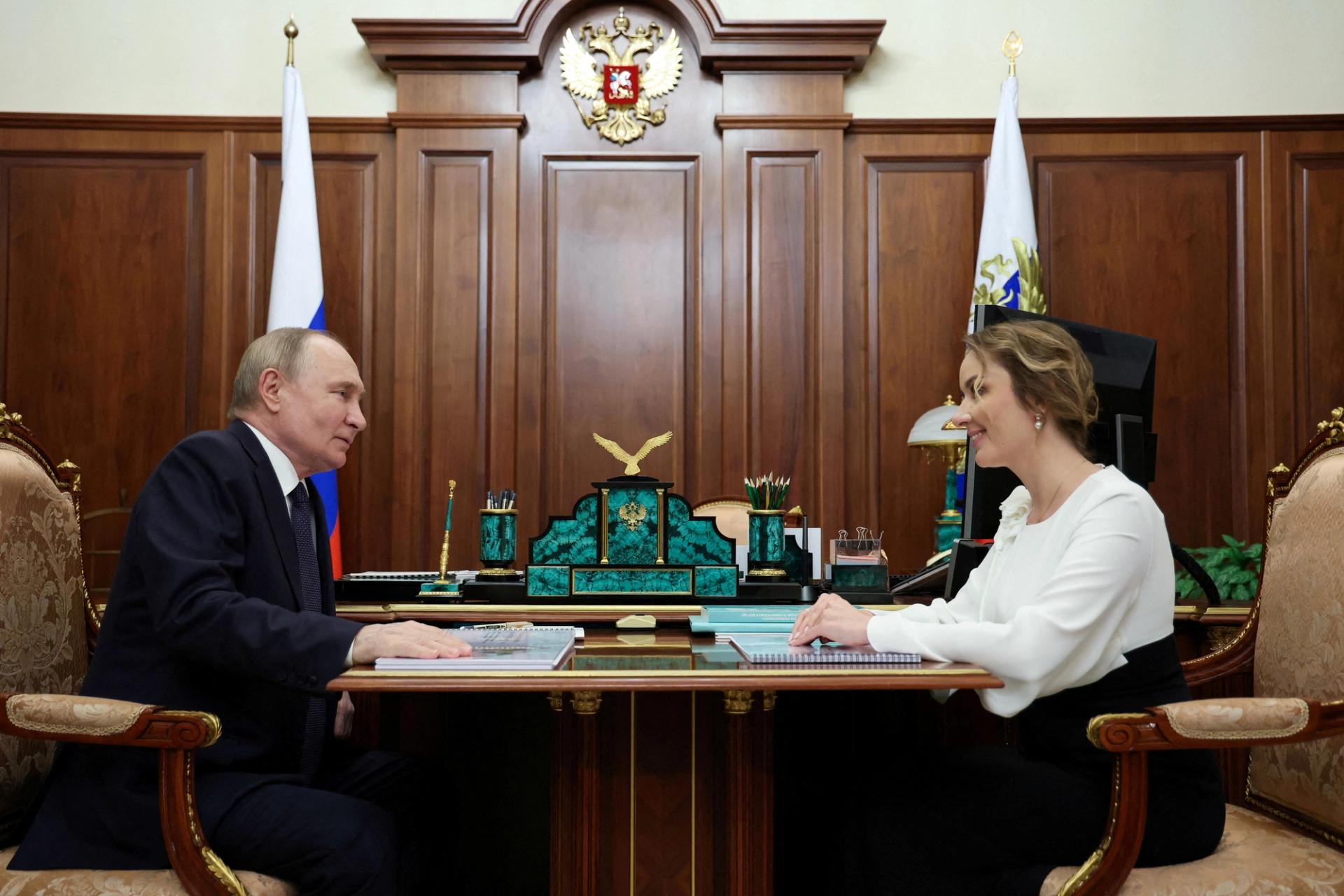 Russian President Vladimir Putin meets with Presidential Commissioner for Children’s Rights Maria Lvova-Belova in Moscow, Russia May 31, 2024.