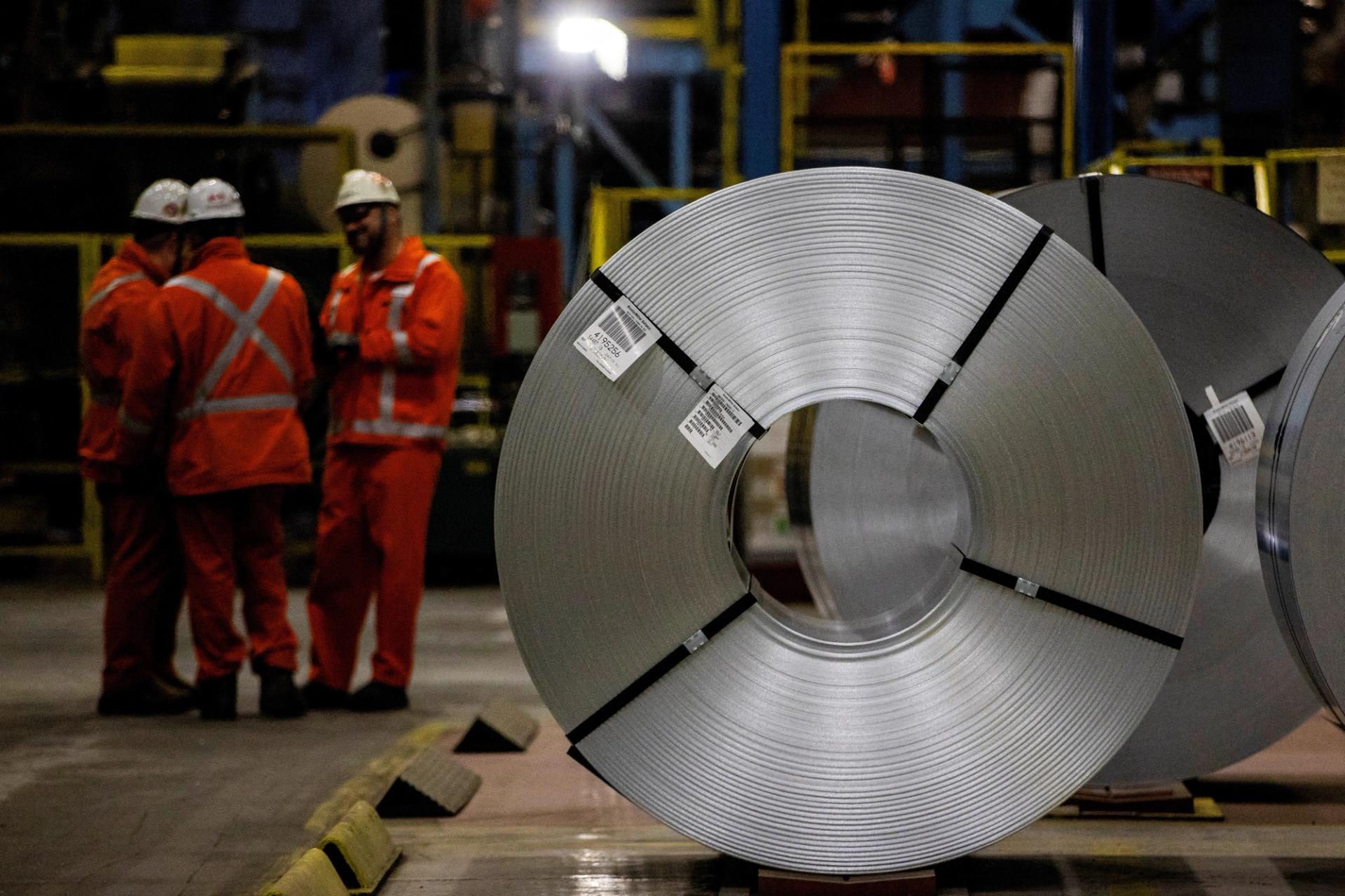 Raw steel coils are seen on the floor of the galvanizing line at ArcelorMittal Dofasco in Hamilton, Ontario, Canada.