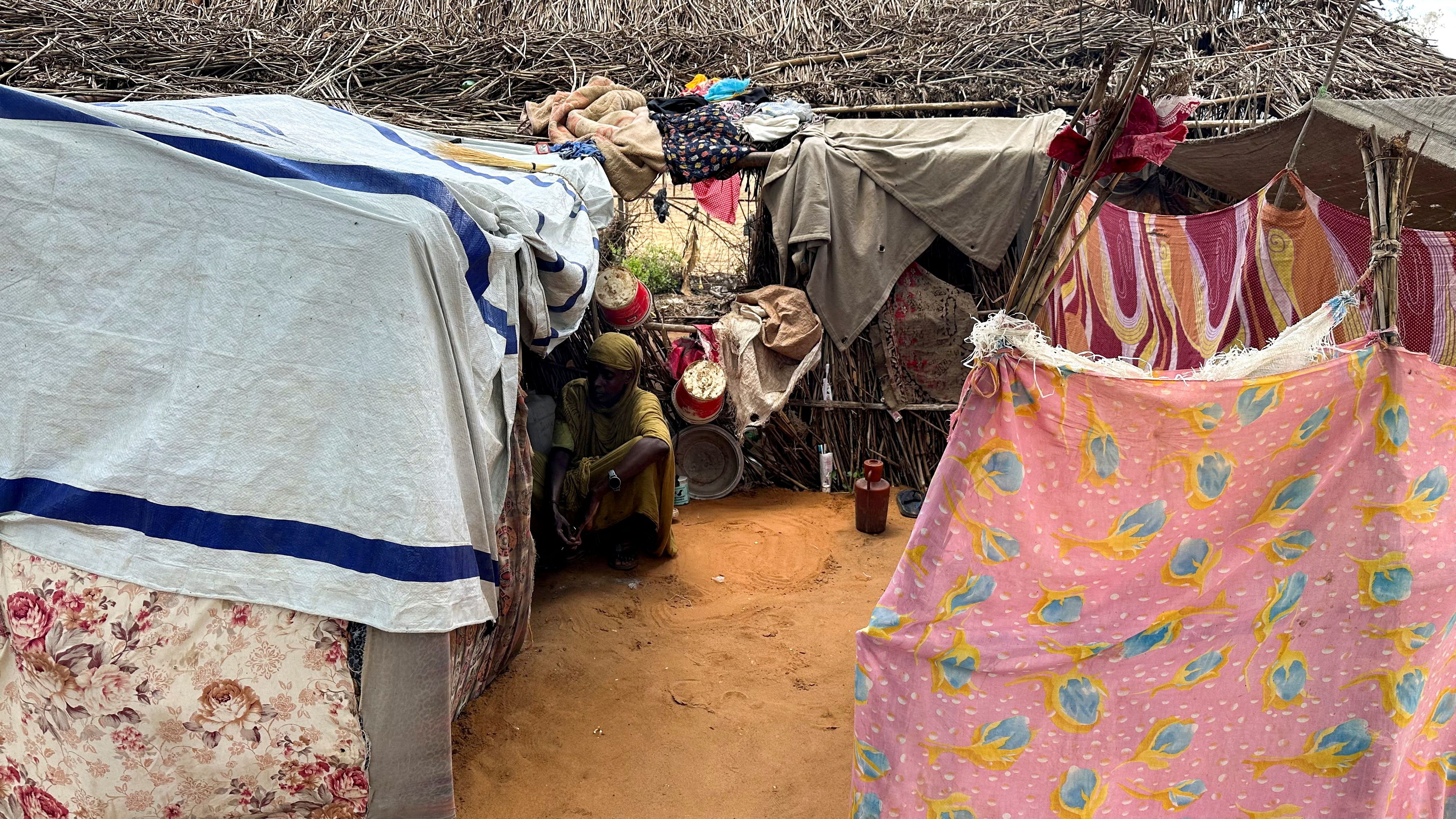 A displaced Sudanese woman rests inside a shelter at Zamzam camp, in North Darfur, Sudan.